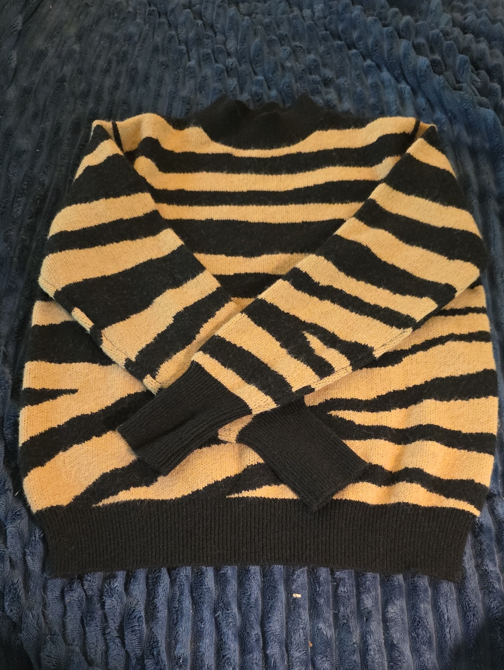 Women's Black and Tan Striped Crewneck Sweater